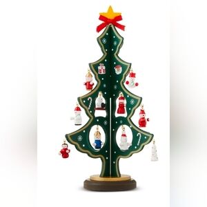 New. Green Wood Mini Christmas Tree Set with Ornaments, 11", 24 Pieces.